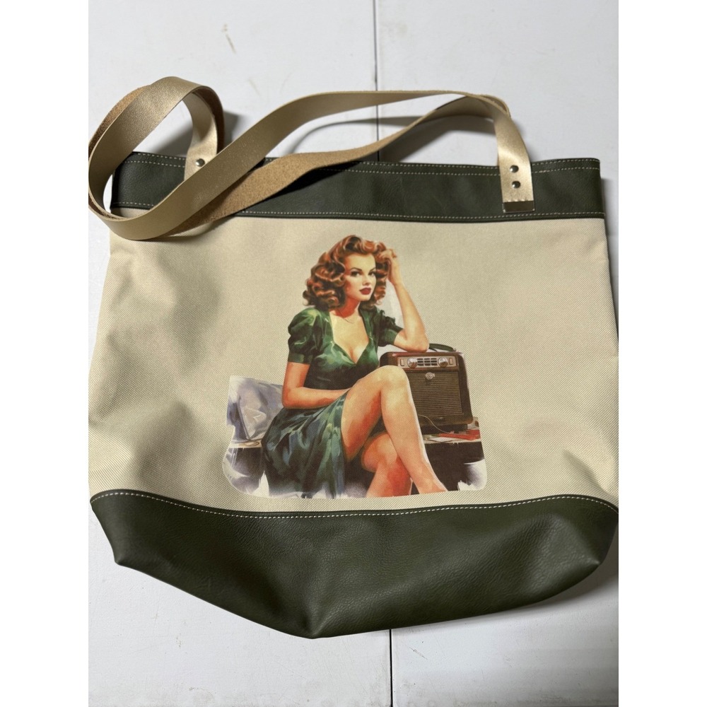 R&S Pinup Girl Canvas Tote Bag Olive Green Leather Trim Retro Vintage